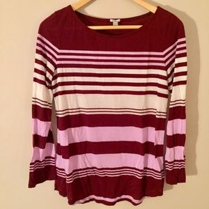 J. Crew Striped Tee 3/4 Sleeves Maroon Red Lilac White Striped T-Shirt
